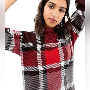 Plaid Checkered Mock Neck Jules Leopold Sweater Size Large Red Black White